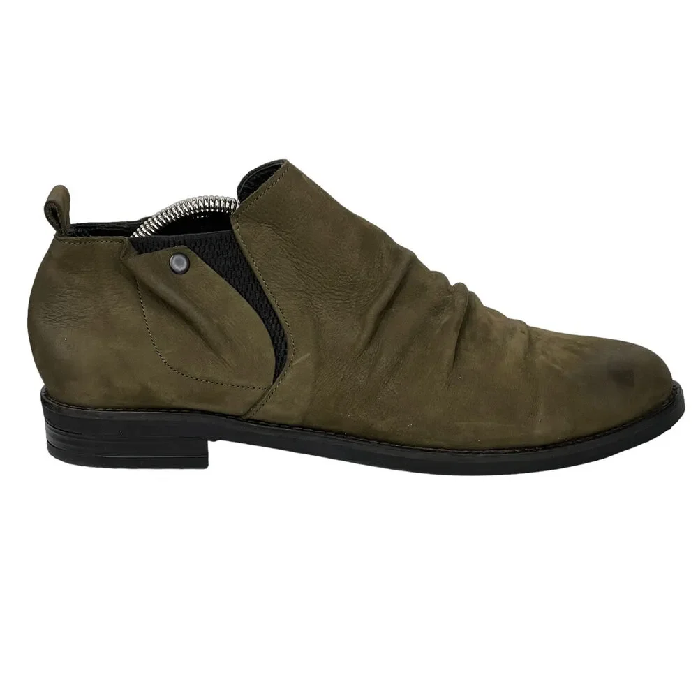 Bueno Pull On Leather Bootie Women's SZ 9.5 40 Olive Boho Elastic Panel Comfort